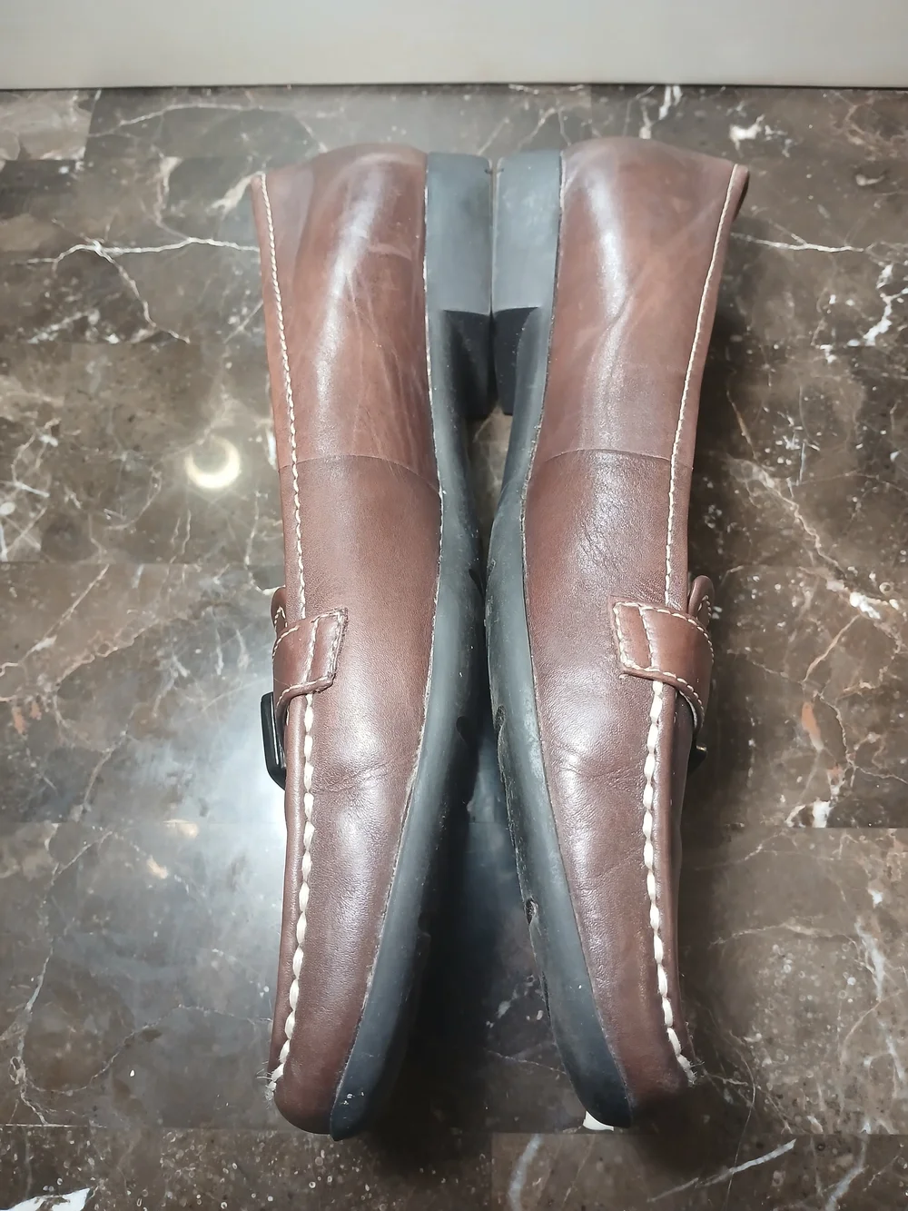 Anne Klein Brown Leather Loafers with Brass Buckle
